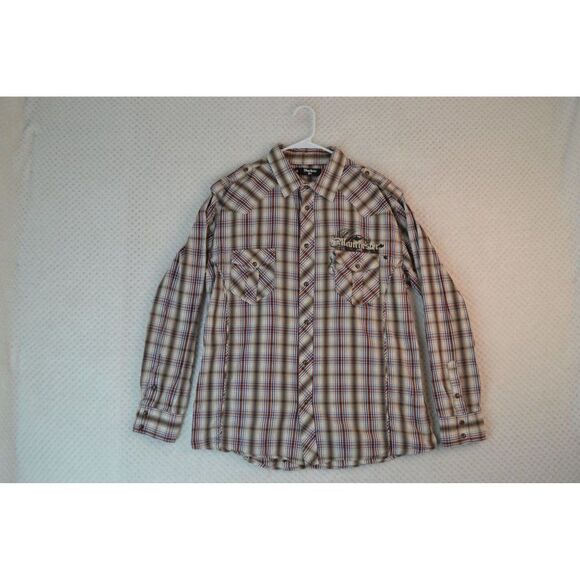 Manchester Men's Large Brown Plaid Embroidered Pearl Snap Western Shirt - Picture 2 of 16